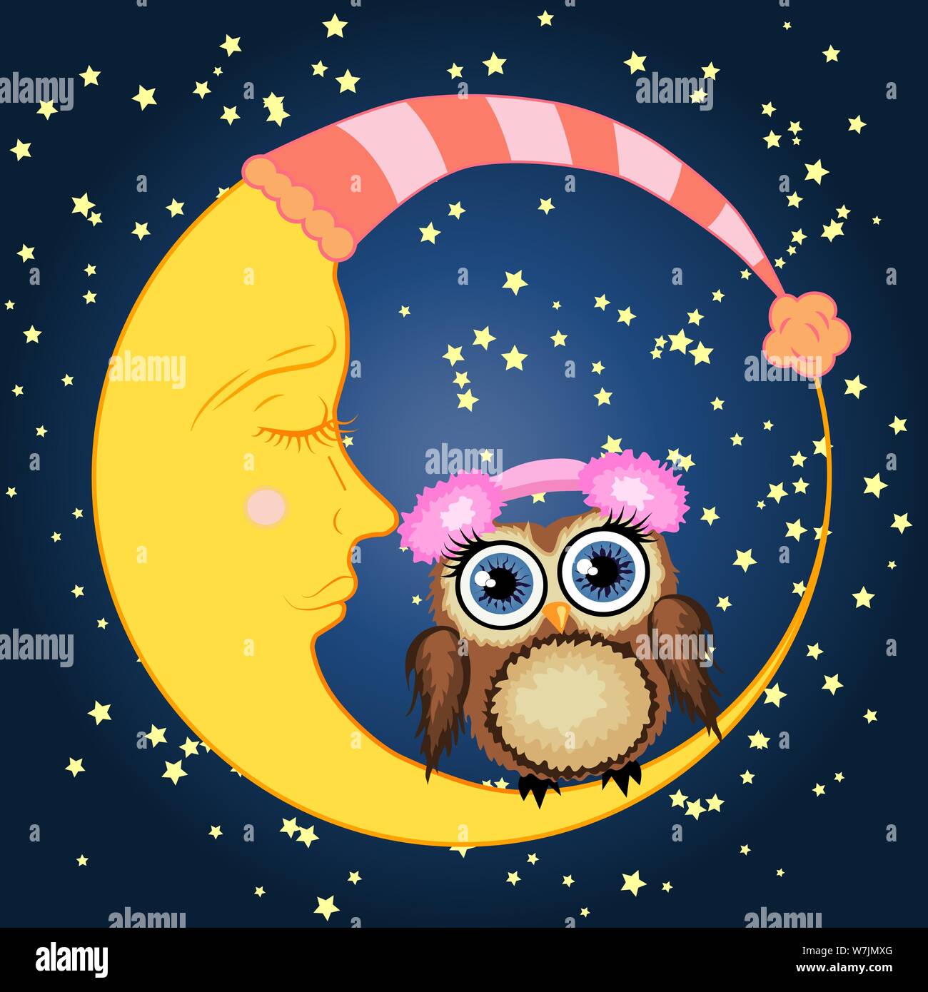 Une douce caricature brown owl dans des écouteurs est assise sur un croissant de lune somnolent sur fond d'un ciel de nuit avec des étoiles Illustration de Vecteur