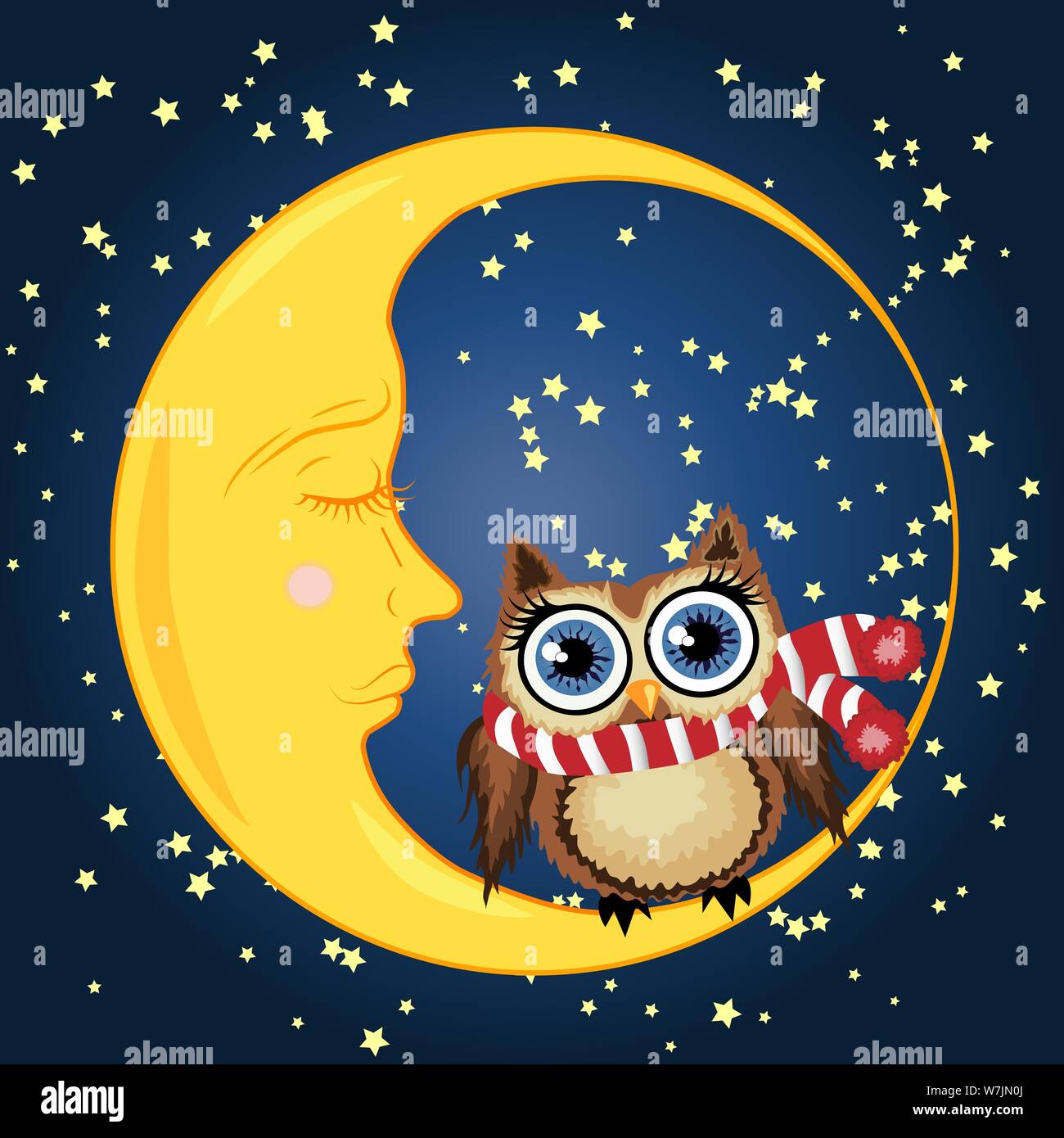 Une belle caricature brown owl dans une écharpe rouge est assise sur un croissant de lune somnolent sur le fond du ciel de nuit avec des étoiles Illustration de Vecteur