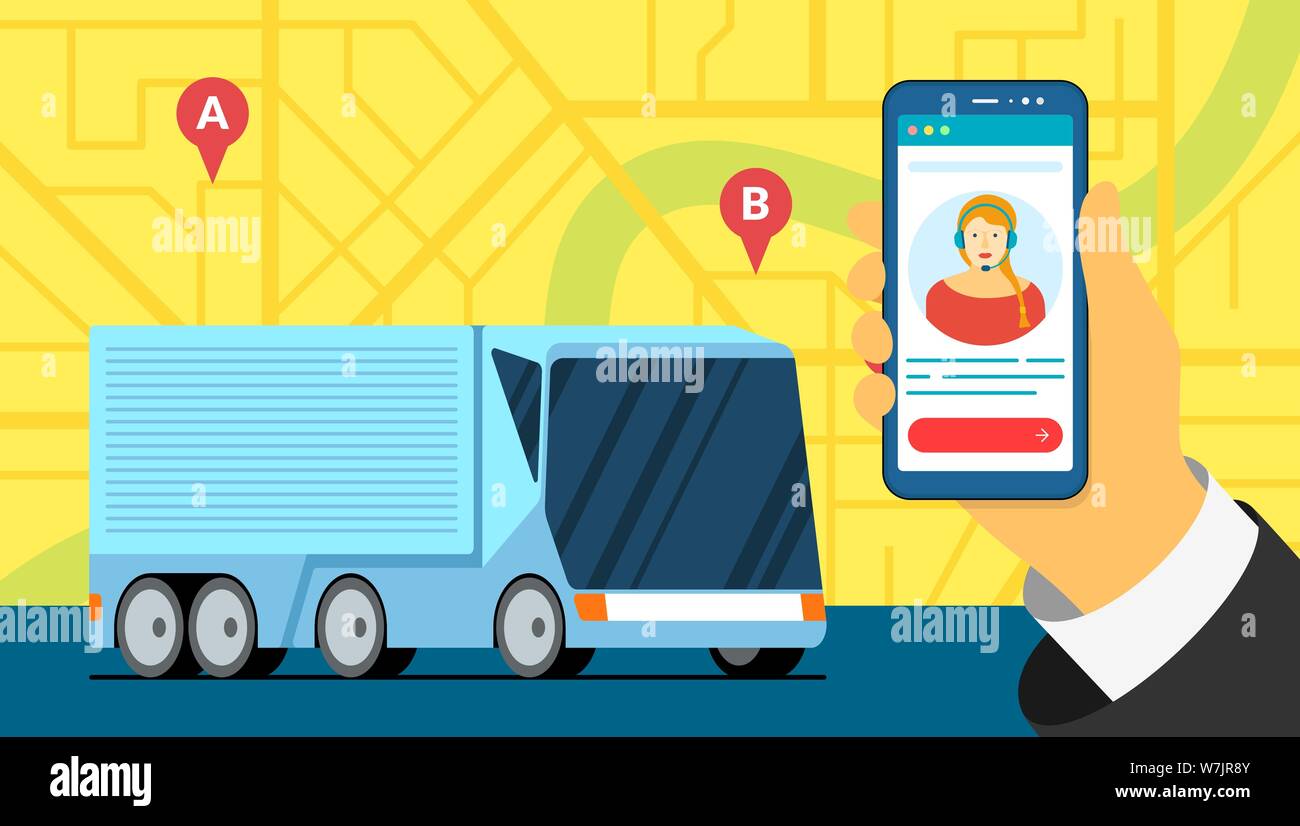 Logistique moderne de la remorque de camion de cargaison sur la carte de la ville avec les broches de localisation du navigateur de géotag sur la route. Assistant d'assistance de l'application de surveillance de la livraison du suivi du transport sur écran mobile. Illustration du vecteur d'expédition Illustration de Vecteur