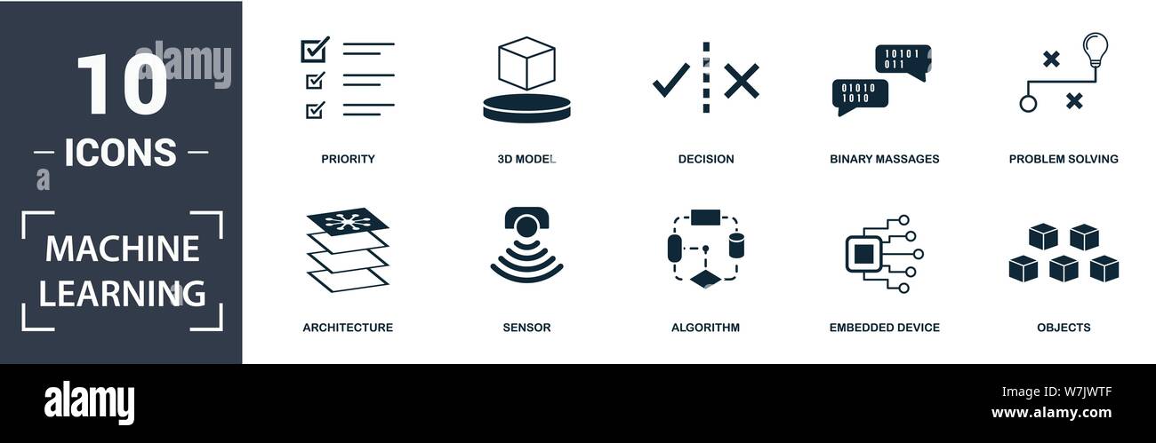 Jeu d'icônes d'apprentissage machine. Contiennent un capteur plat rempli, un algorithme, un modèle 3d, une priorité, une architecture, des icônes de périphérique intégrées. Format modifiable Illustration de Vecteur