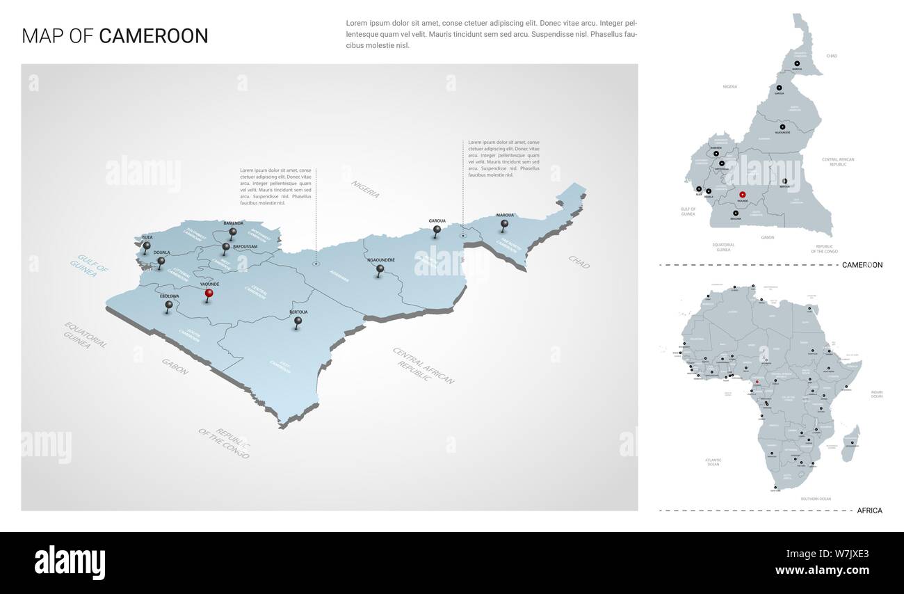 Vector set du Cameroun pays. Carte en 3D isométrique, Cameroun, Afrique carte carte - avec la région, l'Etat et les noms les noms de ville. Illustration de Vecteur
