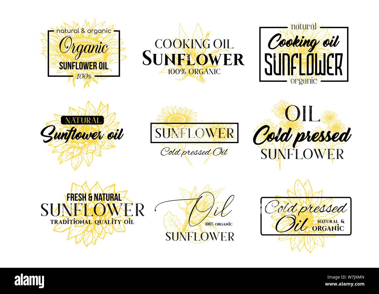 L'huile de tournesol, la technologie Set logos Logo de fleurs sauvages Modèles pour Brabding Identty. Vector jaune et noir à la main avec des dessins de fleurs isolées lettrage et images Illustration de Vecteur