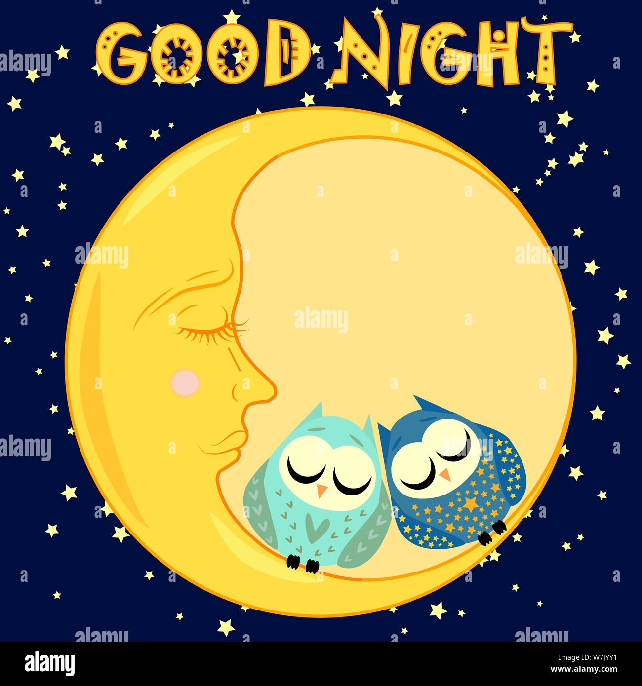 Bonne Nuit Une Carte Postale Avec Un Assoupissement Crescent Deux Belles Chouettes Dessins Et Texte Image Vectorielle Stock Alamy