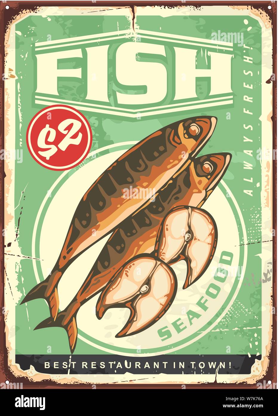 Le maquereau grillé fish dish vintage tin sign modèle. Restaurant de fruits de mer publicité rétro avec des filets de poissons sur old rusty arrière-plan. Illustration de Vecteur