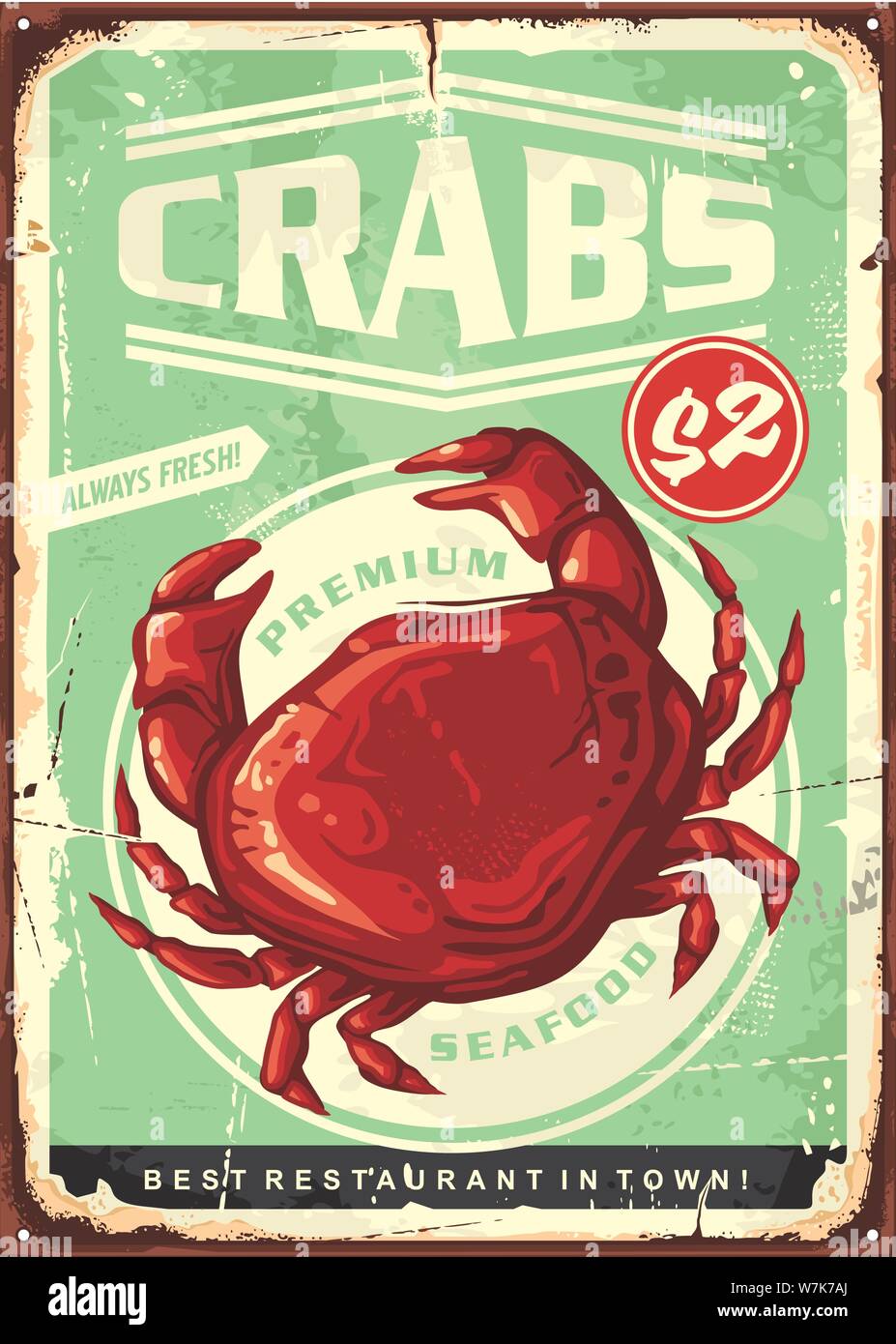 Les crabes vintage tin sign. La conception d'affiches rétro restaurant de fruits de mer. Vector illustration. Illustration de Vecteur