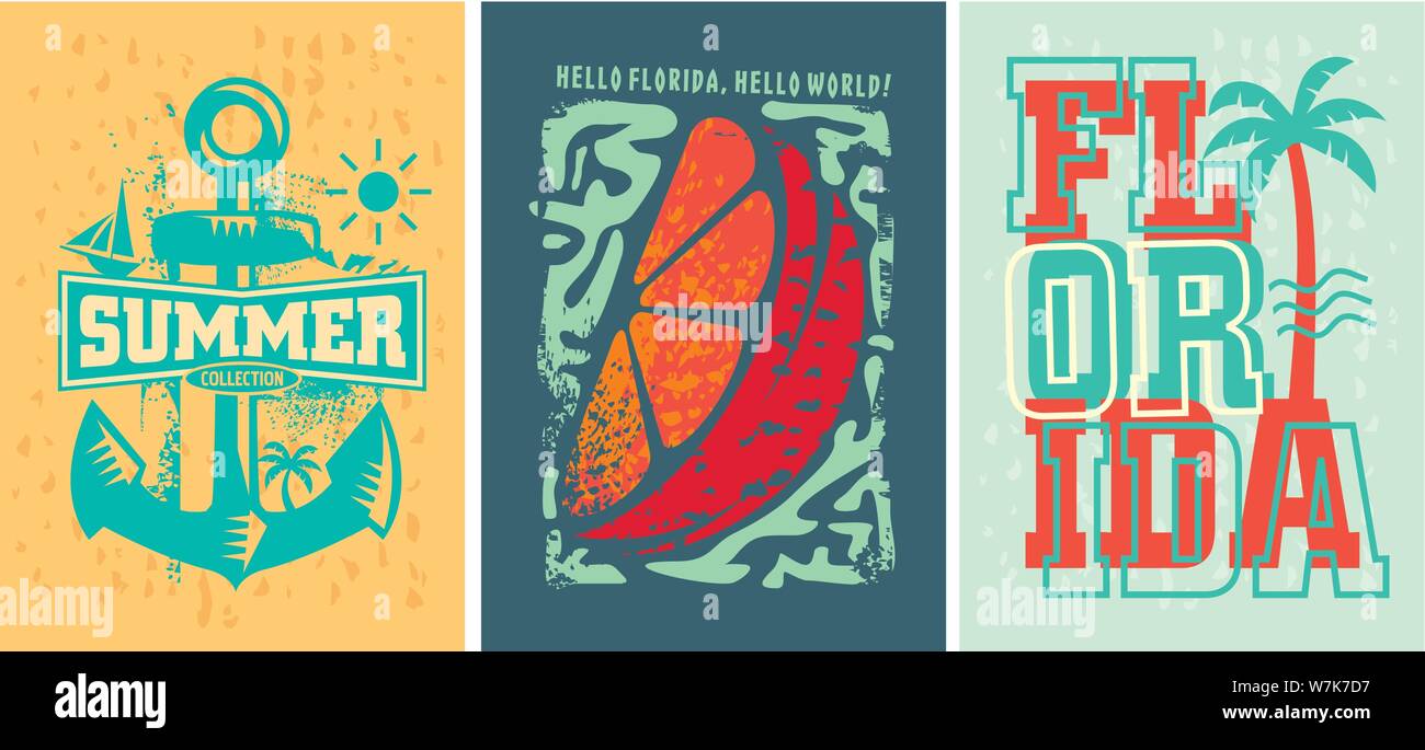 Vêtements d'été sur les plages de Floride conçoit set. Bouleversé les modèles d'impression pour t-shirts. Vector illustration. Illustration de Vecteur
