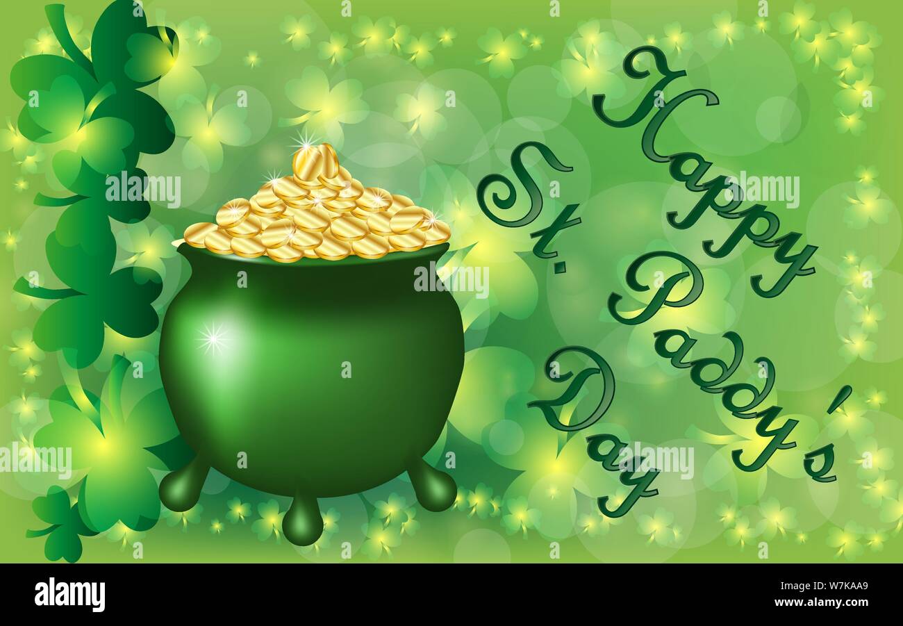 Saint Patrick's Day Greeting card avec un pot plein d'or vert, vert parkled coinss les feuilles de trèfle et de texte. Inscription - Bonne journée Rhône-Alpes Illustration de Vecteur