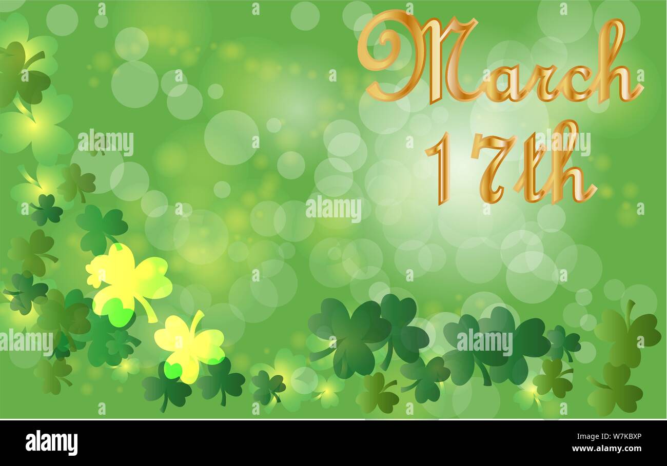 Saint Patrick's Day Greeting card avec les feuilles de trèfle vert étincelaient et texte. Inscription - 17 mars Illustration de Vecteur