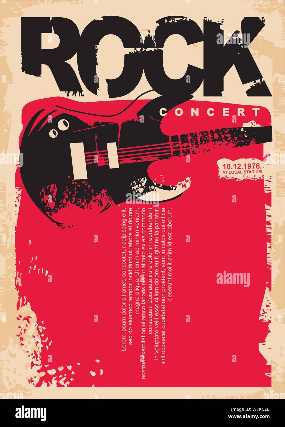 Modèle d'affiche concert de rock avec guitare électrique sur grungy fond rouge. La musique rock flyer mise en page. Événement musical vector banner sur vieux papier texture. Illustration de Vecteur