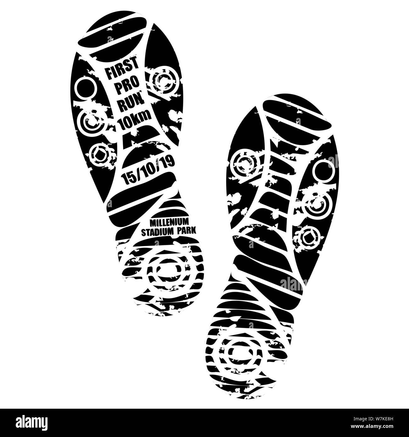Chaussures noires imprimer ossature avec texte pour poster marathon Illustration de Vecteur