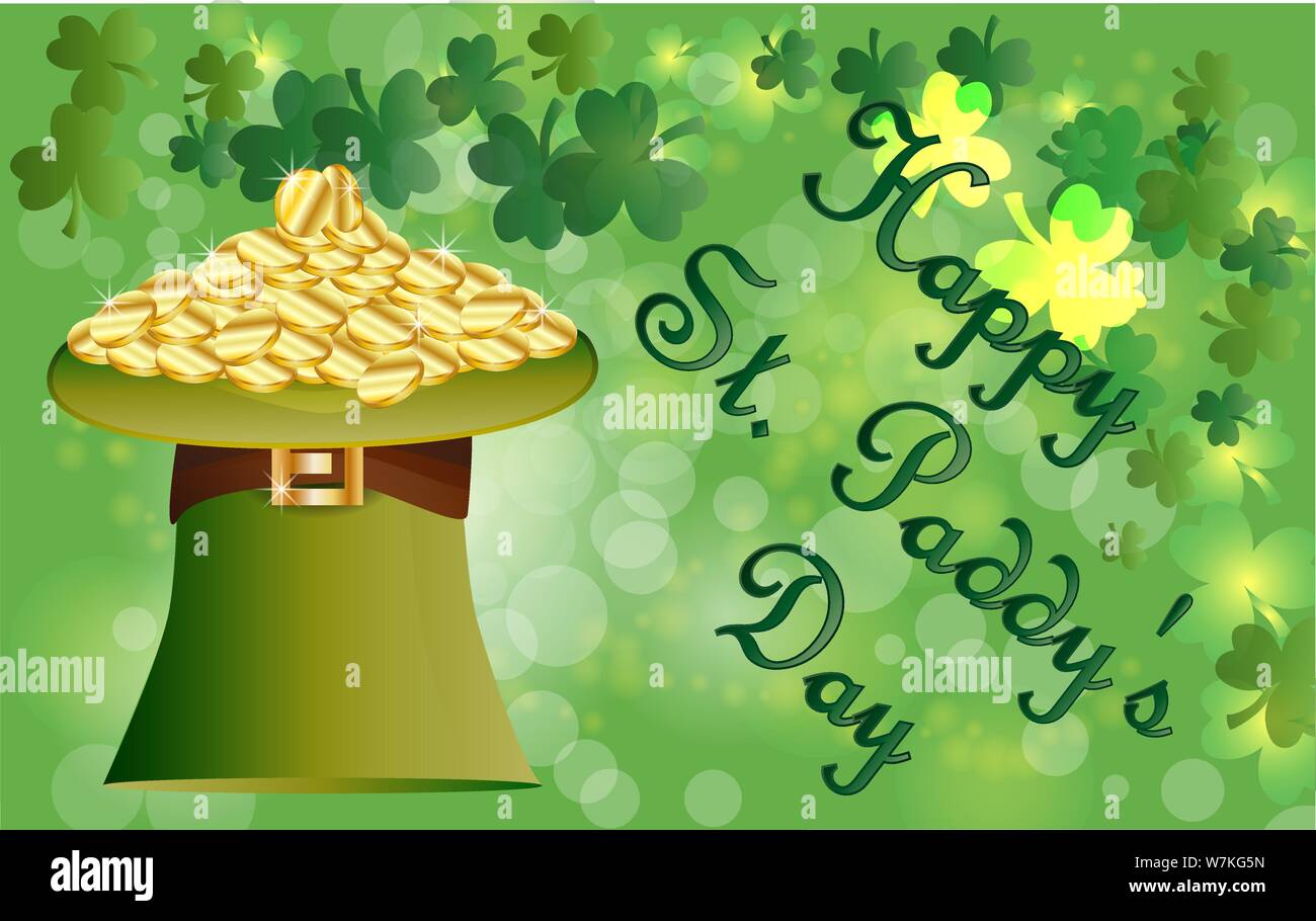 Saint Patrick's Day carte de vœux avec un chapeau vert plein de pièces d'or, les feuilles de trèfle vert étincelaient et texte. Inscription - Bonne journée Rhône-Alpes Illustration de Vecteur