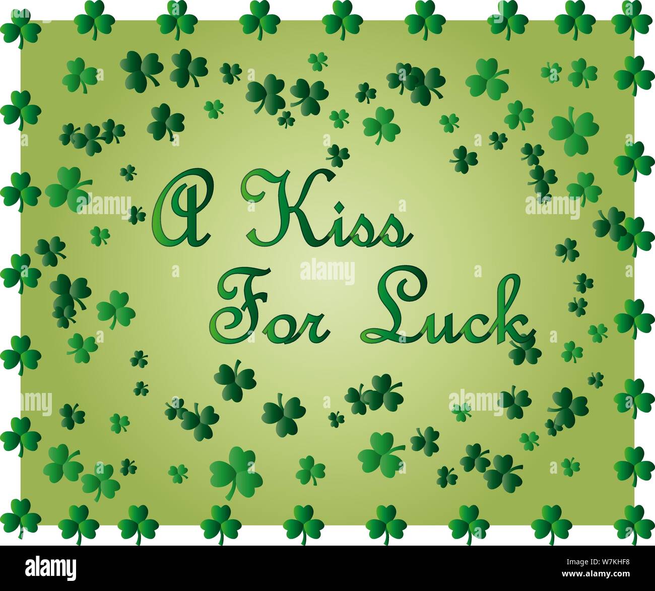 Saint Patrick's Day Greeting card avec les feuilles de trèfle vert étincelaient et texte. Inscription - un baiser pour chance Illustration de Vecteur