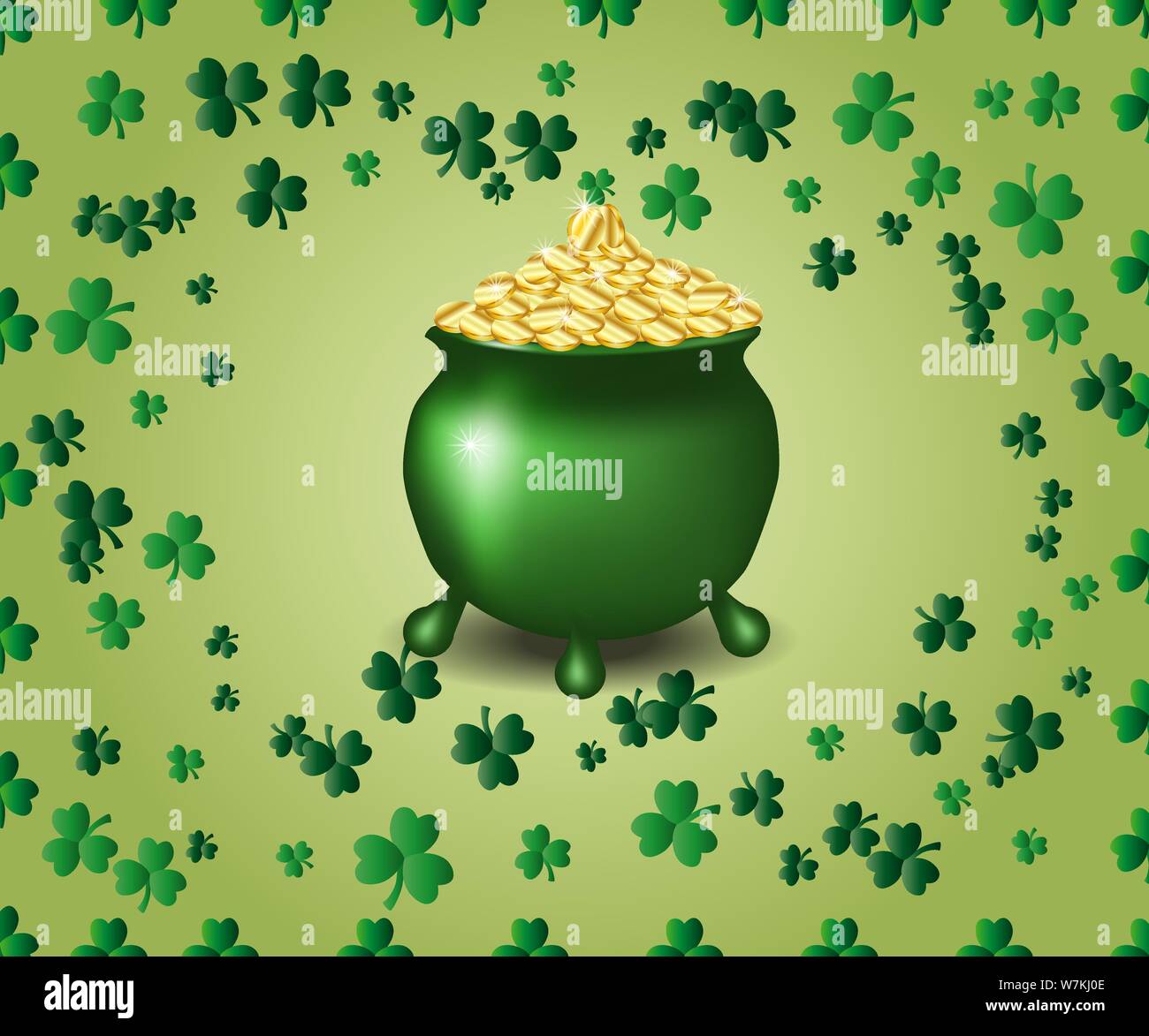 Saint Patrick's Day Greeting card avec un pot plein d'or vert, coinss parkled les feuilles de trèfle vert Illustration de Vecteur