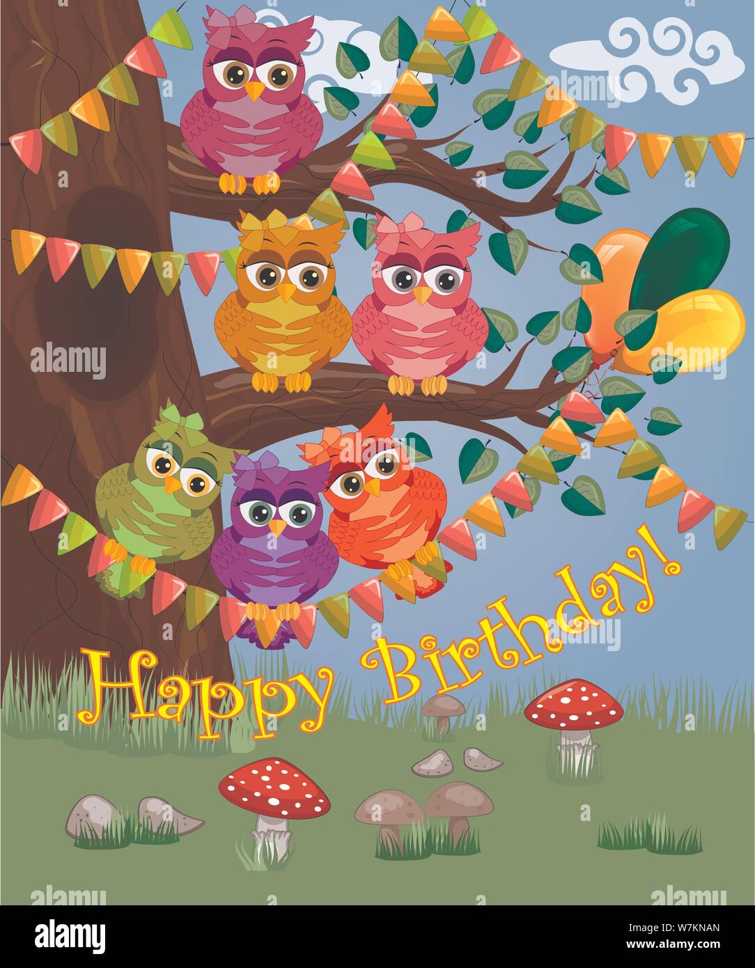 Une Jolie Chouette Coquette Est Assis Sur Un Arbre Decore De Guirlandes Des Ballons Une Carte Postale Une Bande Dessinee De Style Pour Enfants Au Printemps Inscription Joyeux Anniversaire Image Vectorielle Stock