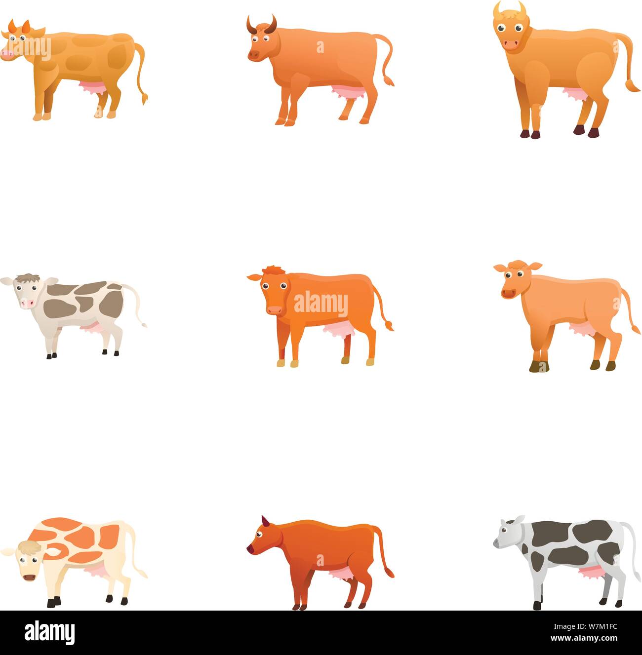 Animaux vache ferme icon set. Ensemble de 9 dessins animés animaux vache ferme icônes vectorielles pour le web design isolé sur fond blanc Illustration de Vecteur