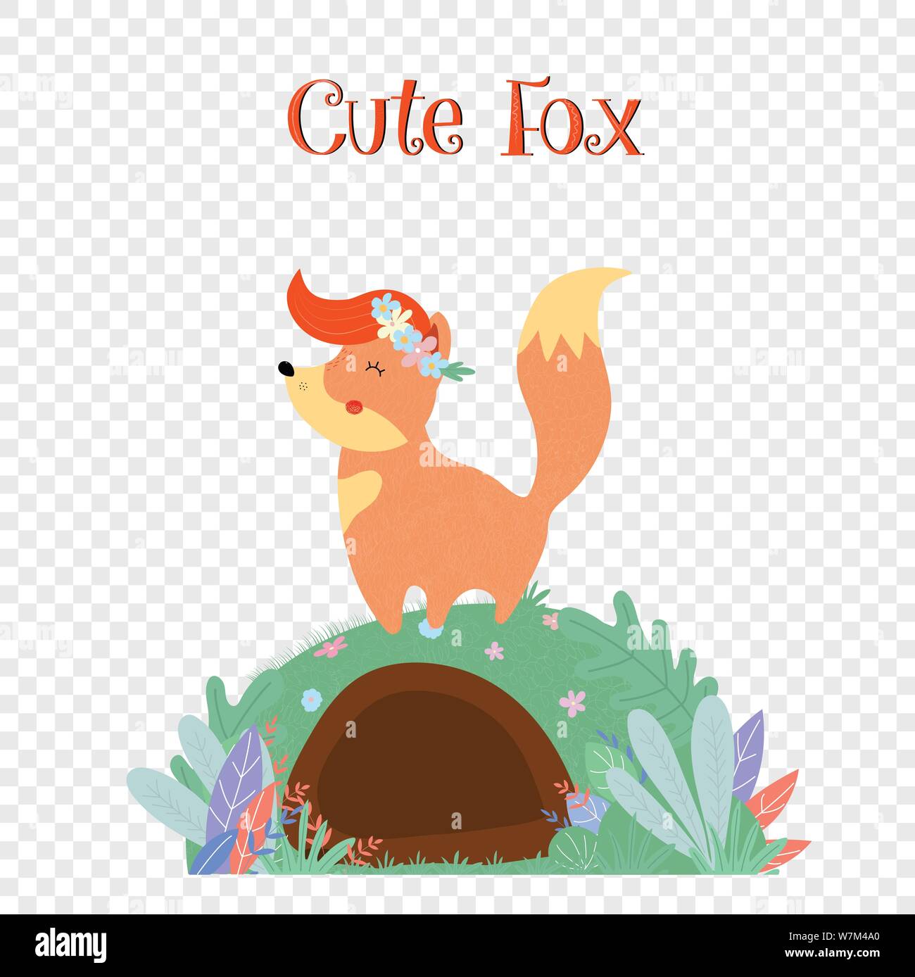 Cute fox en fleurs gerbe debout sur foxy burrow Illustration de Vecteur