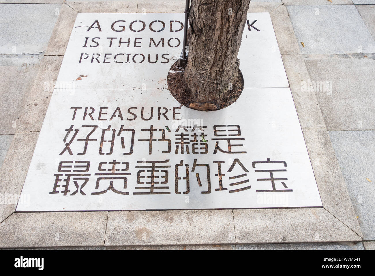 Un arbre décoré avec couvercle fosse motivational quotes sur la lecture est vue dans la ville de Chengdu, dans le sud-ouest de la province chinoise du Sichuan, le 29 août 2017. Tree Banque D'Images