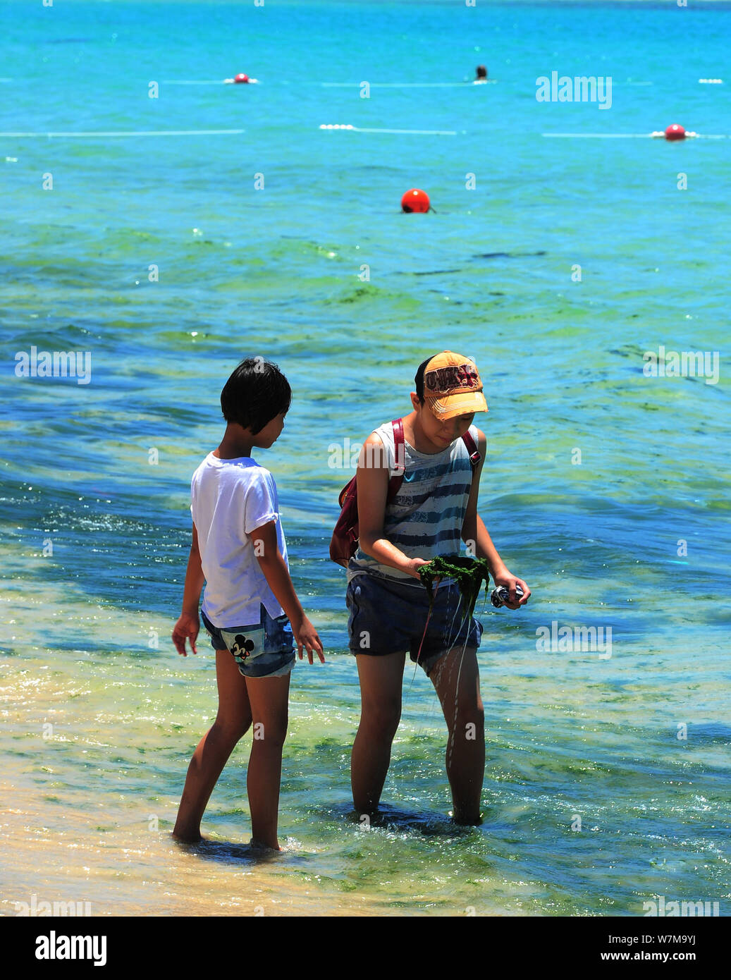 Les touristes s'amuser dans l'eau polluée avec des algues bleu-vert à un beach resort dans la ville de Sanya, province de Hainan en Chine du sud, le 21 août 2017. Banque D'Images