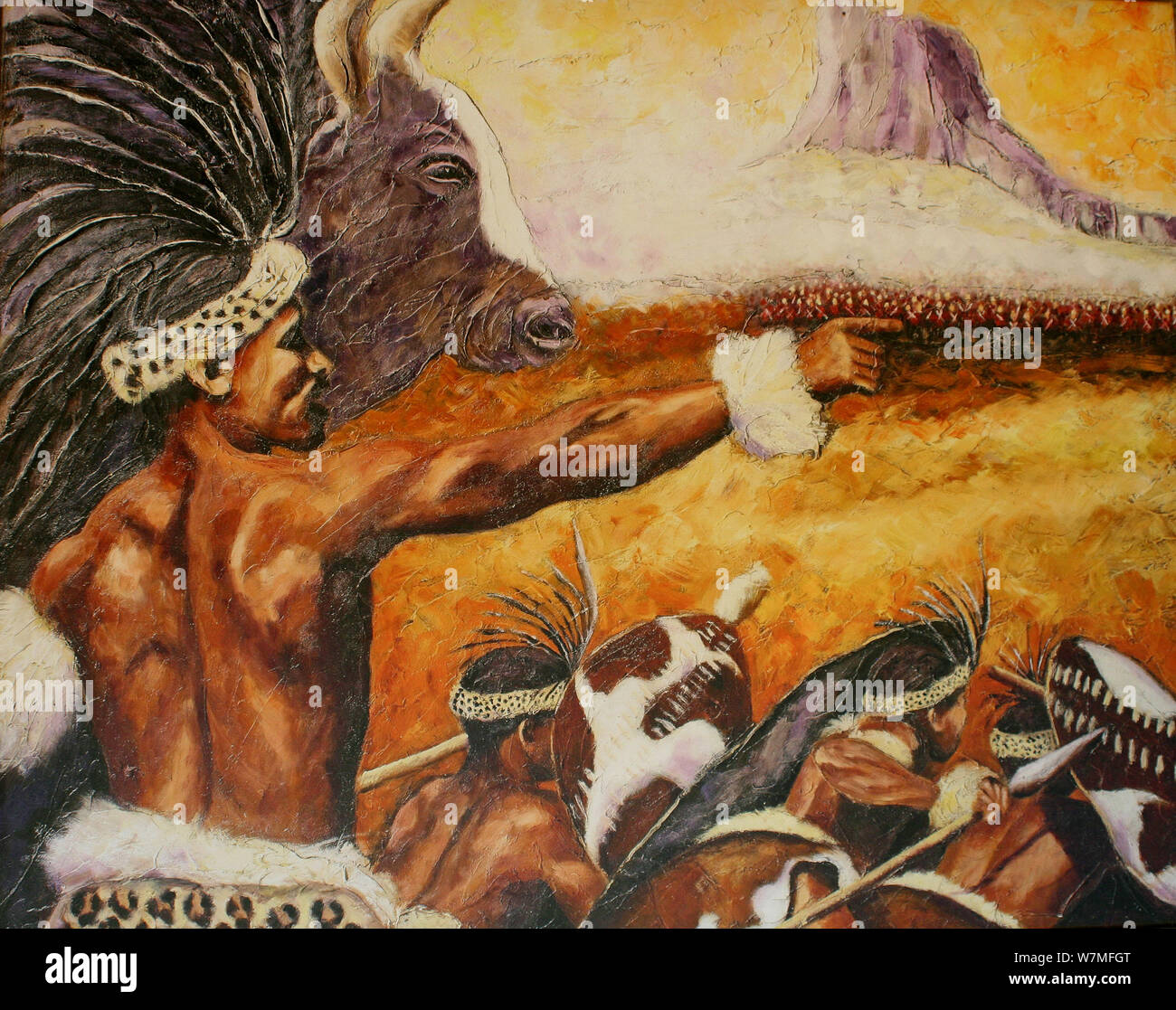 Peinture représentant des guerriers zoulous en bataille à Shakaland Zulu Cultural Village, Eshowe, Kwazulu Natal, Afrique du Sud Banque D'Images