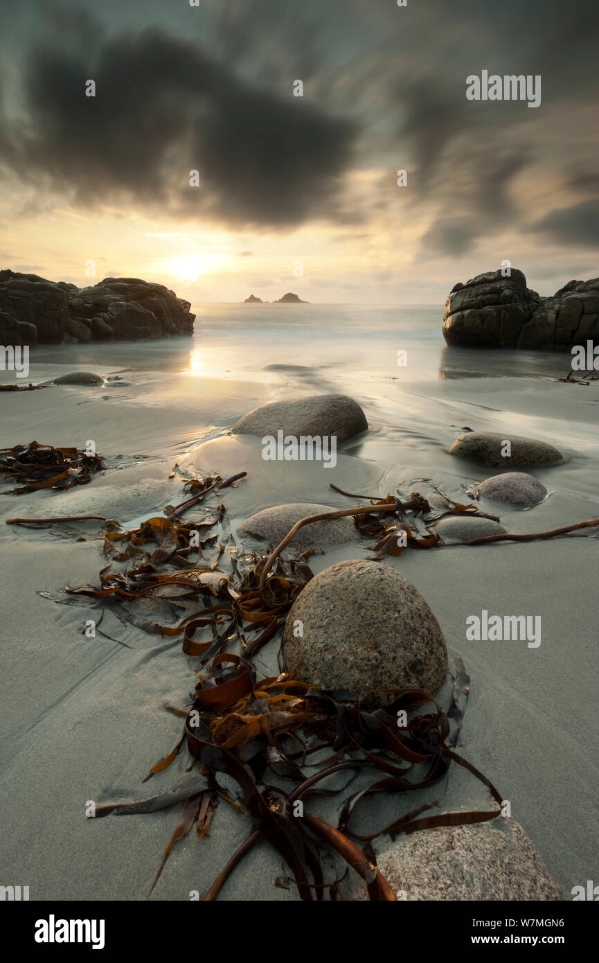 Vue panoramique Porth Nanven beqach à marée basse, dans la lumière du soir avec des nuages d'orage, le cot Valley, Cape Cornwall, West Cornwall, UK, septembre 2011. Banque D'Images