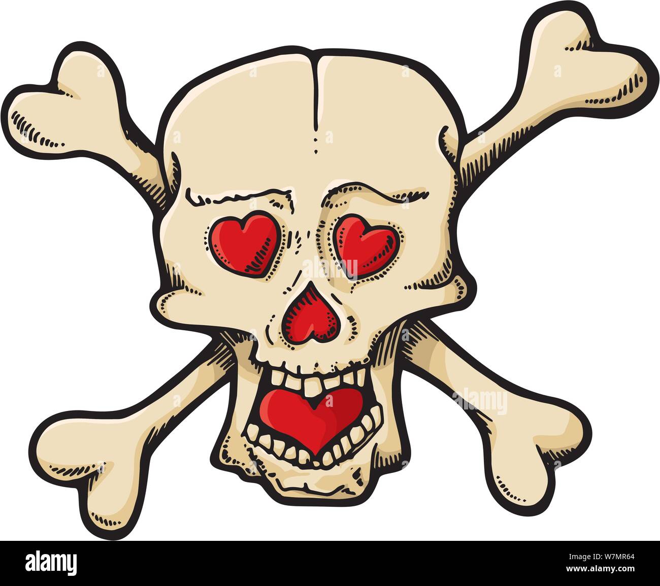 Croquis dessin animé crâne beige avec des coeurs. Illustration de Vecteur