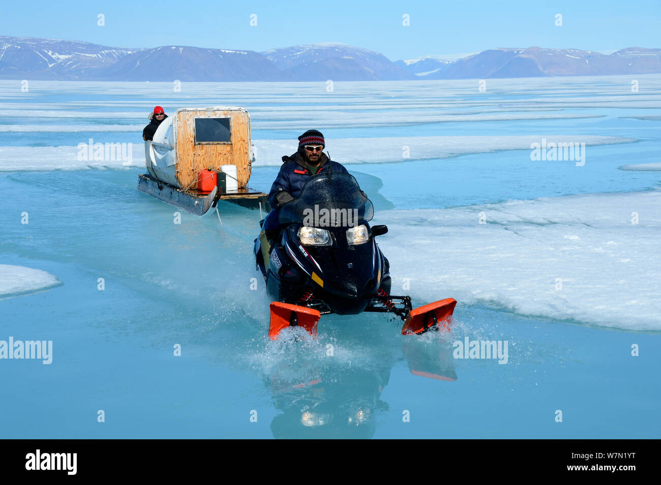 La conduite de l'homme inuit remorquage motoneige touristes en traîneau sur la glace de mer, l'île d'Ellesmere, Nunavut, Canada, juin 2012. Banque D'Images