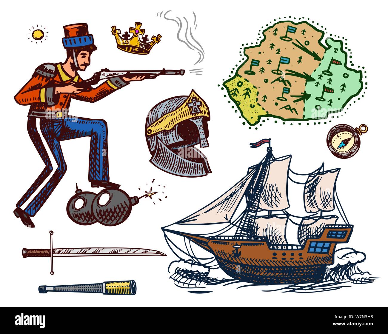 L'histoire de la guerre dans un style vintage. L'homme militaire avec une bombe et un fusil. Voilier dans la mer. Casque de chevalier, la carte, de la Couronne et l'épée. Hand drawn Illustration de Vecteur