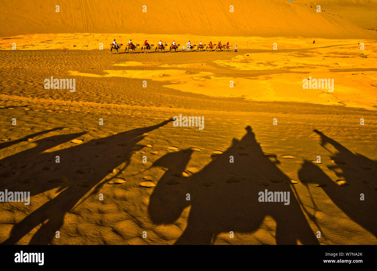--FILE--touristes monter des chameaux dans le désert dans le Croissant de lune (Yueyaquan) et le chant des montagnes de sable dans endroit pittoresque ville de Dunhuang, northwes Banque D'Images