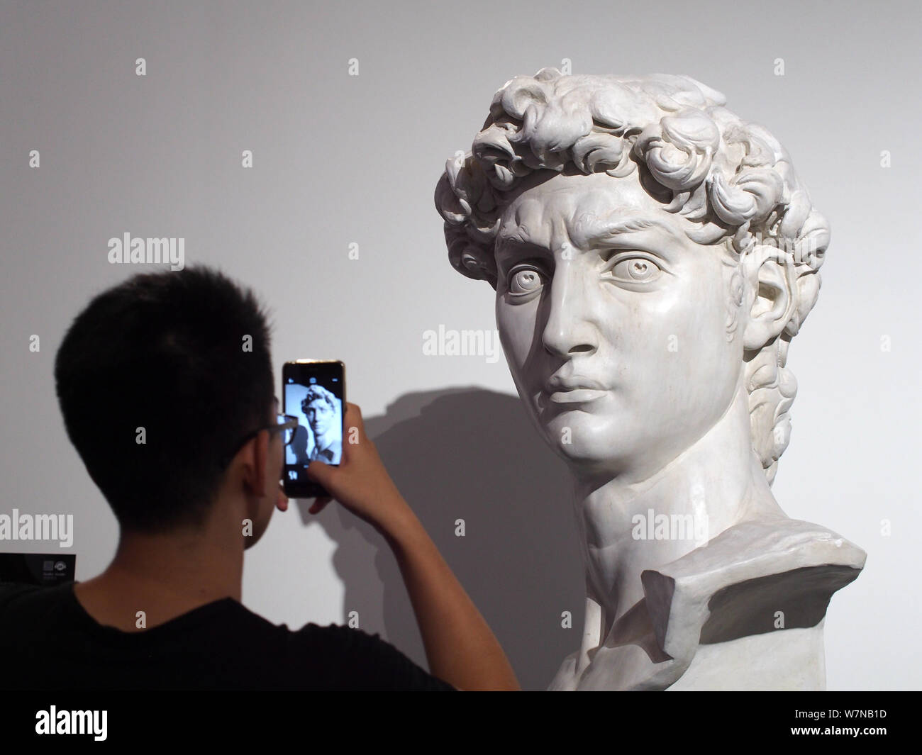 Un visiteur prend des photos d'une réplique de Michelangelo's 'David' sculpture affichée lors de l'exposition d'Art Michel-ange divin à Beijing, Chine, 15 Banque D'Images