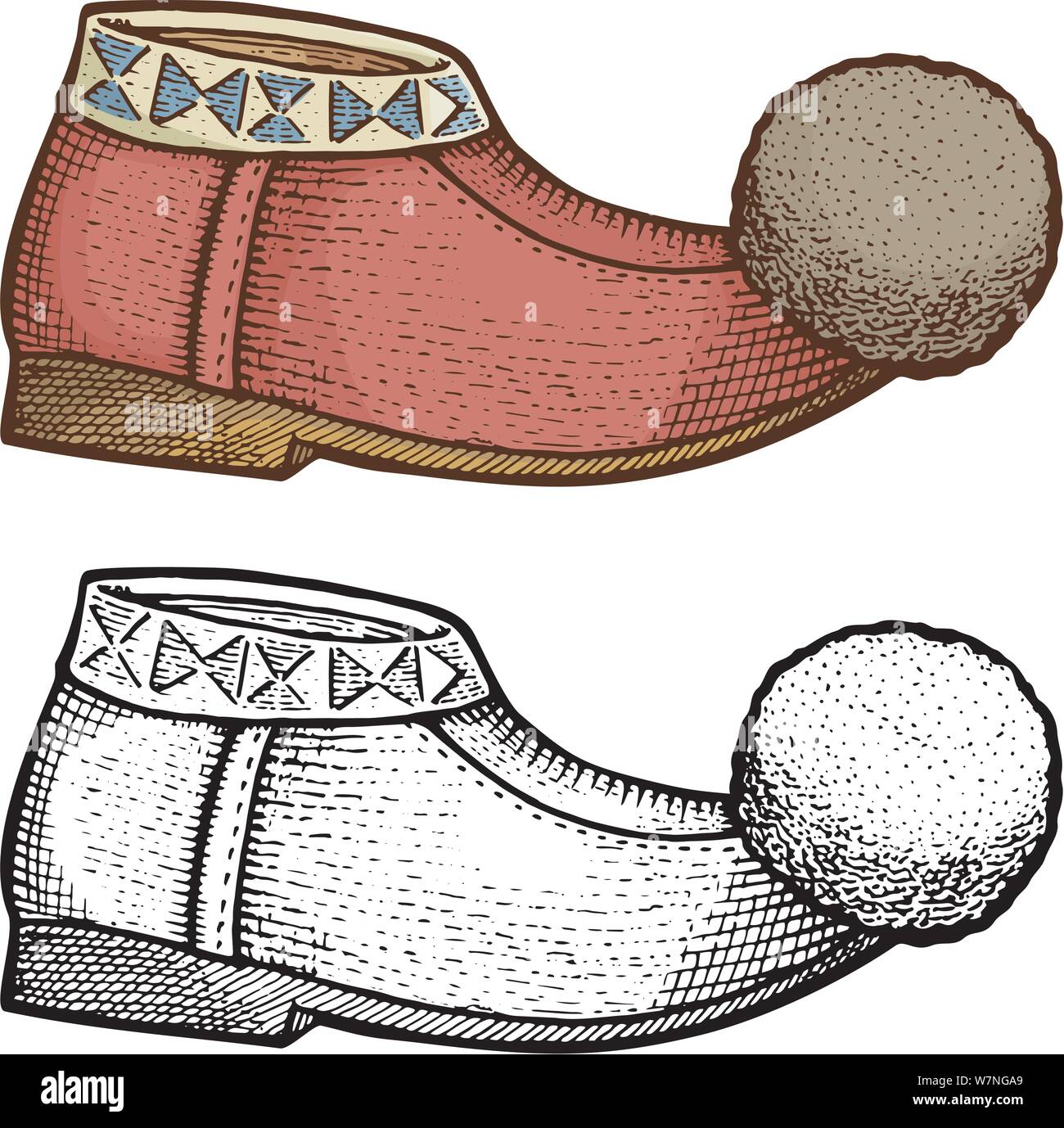 Grec traditionnel tsarouchi, gravure sur bois illustration de mocassin cuir folk comme, homme chaussure avec pompon. Illustration de Vecteur
