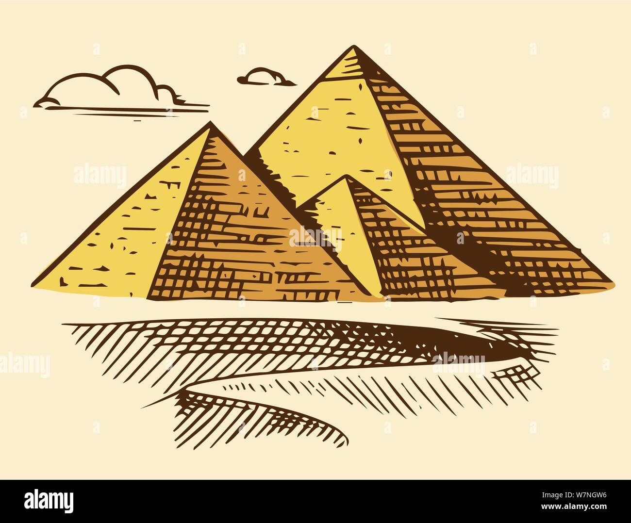 Grande pyramide de Gizeh. Sept Merveilles du monde antique. La grande construction de la grecs. Gravé à la main vintage croquis. Illustration de Vecteur