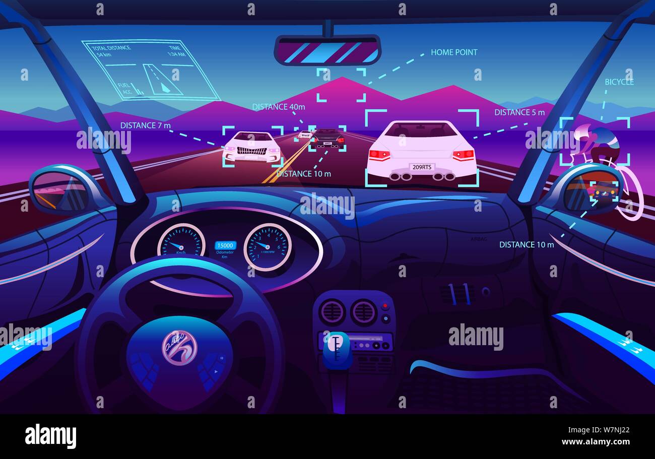 Salon du véhicule futuriste, Electric smart. Vue du pilote. Le contrôle de la planche de bord dans une voiture Smart. Le contrôle virtuel de l'automobile ou l'essai de simulation. Le trafic sur un Illustration de Vecteur