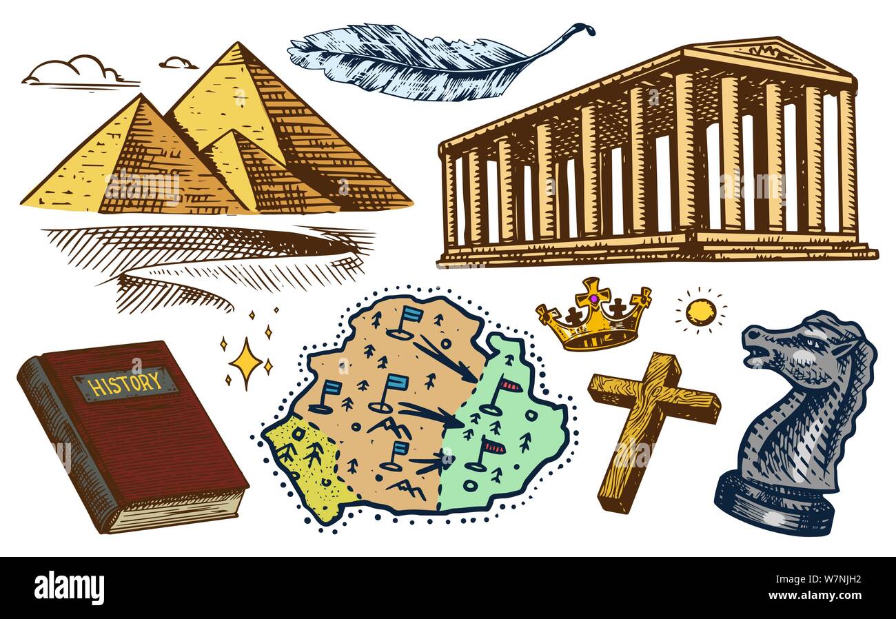 Le concept de l'histoire sur la terre. L'éducation, la religion et les vieux anciens symboles. Pyramides égyptiennes et ancien bâtiment à colonnes, la carte livre. Part Illustration de Vecteur