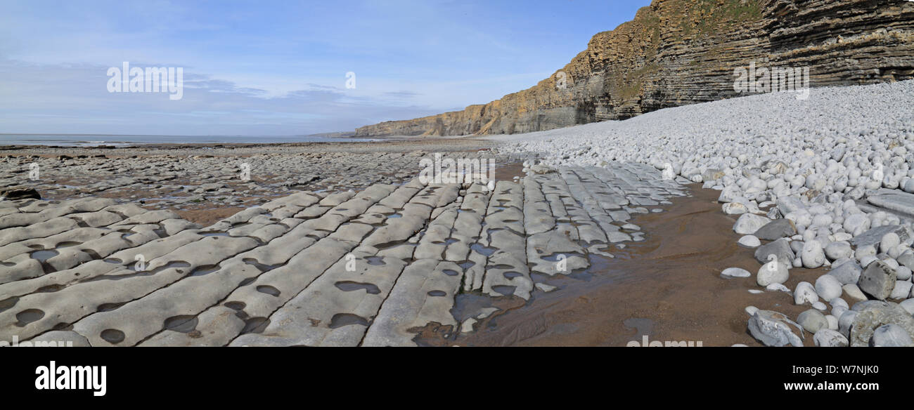 Vue panoramique de la plage de rochers calcaires à Macross, Glamorgan, Pays de Galles, Royaume-Uni Banque D'Images