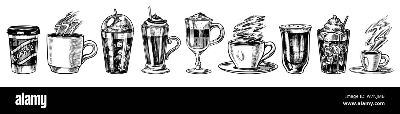 Ensemble de tasses de café dans le style vintage. Cappuccino à emporter et glace, machine à expresso et latte, moka et Americano, frappe dans un verre. Hand drawn Illustration de Vecteur Ensemble de tasses de café dans le style vintage. Cappuccino à emporter et glace, machine à expresso et latte, moka et Americano, frappe dans un verre. Hand drawn Illustration de Vecteur