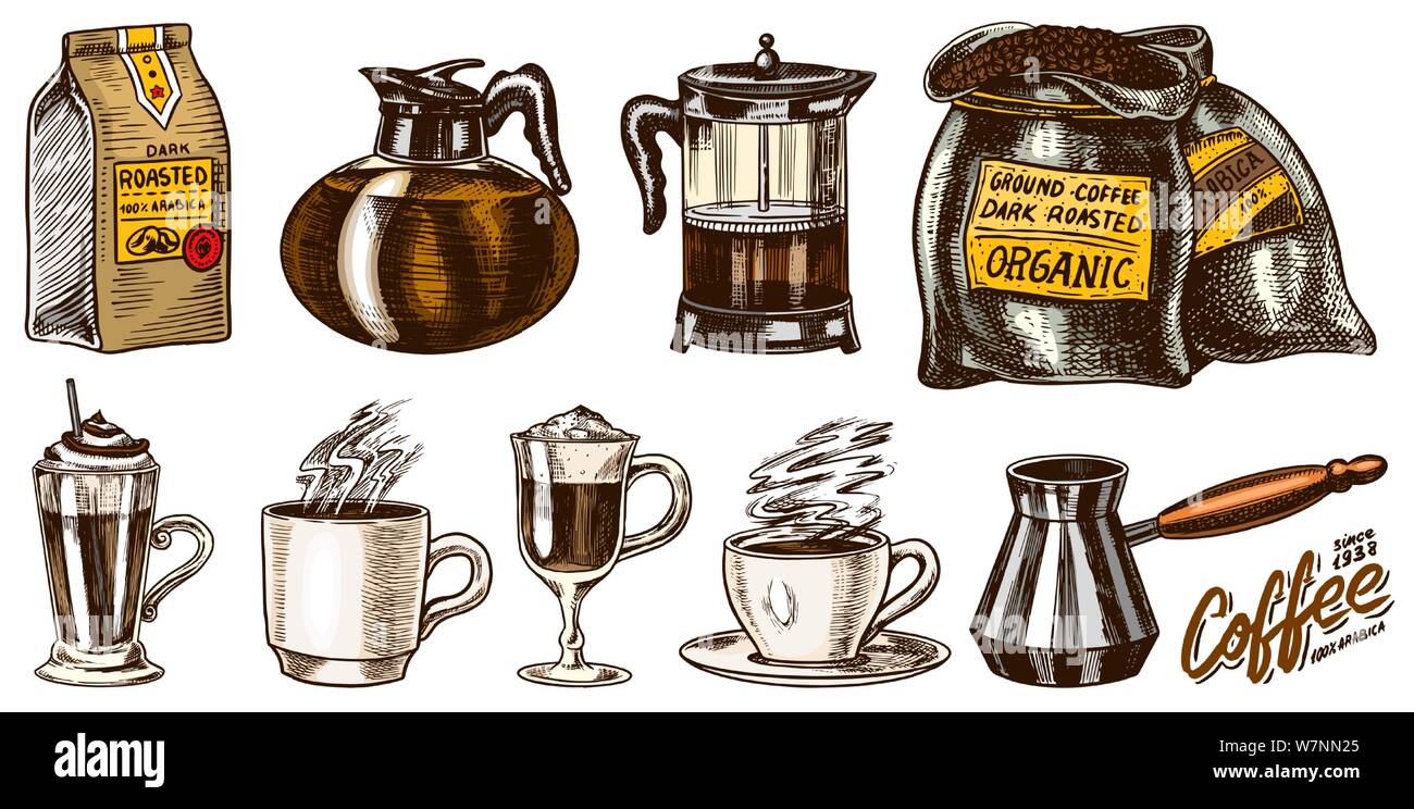 Café au style vintage. Un sac de grain, des bâtons de cannelle, une tasse et une théière, une cafetière. Rétro gravé à la main pour les étiquettes. croquis Illustration de Vecteur