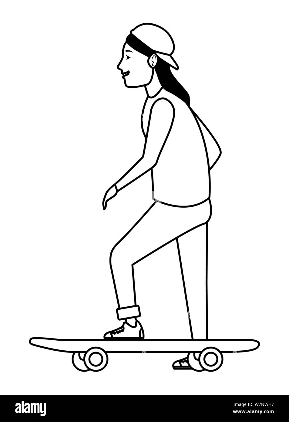 Jeune femme sur planche cartoon en noir et blanc Illustration de Vecteur