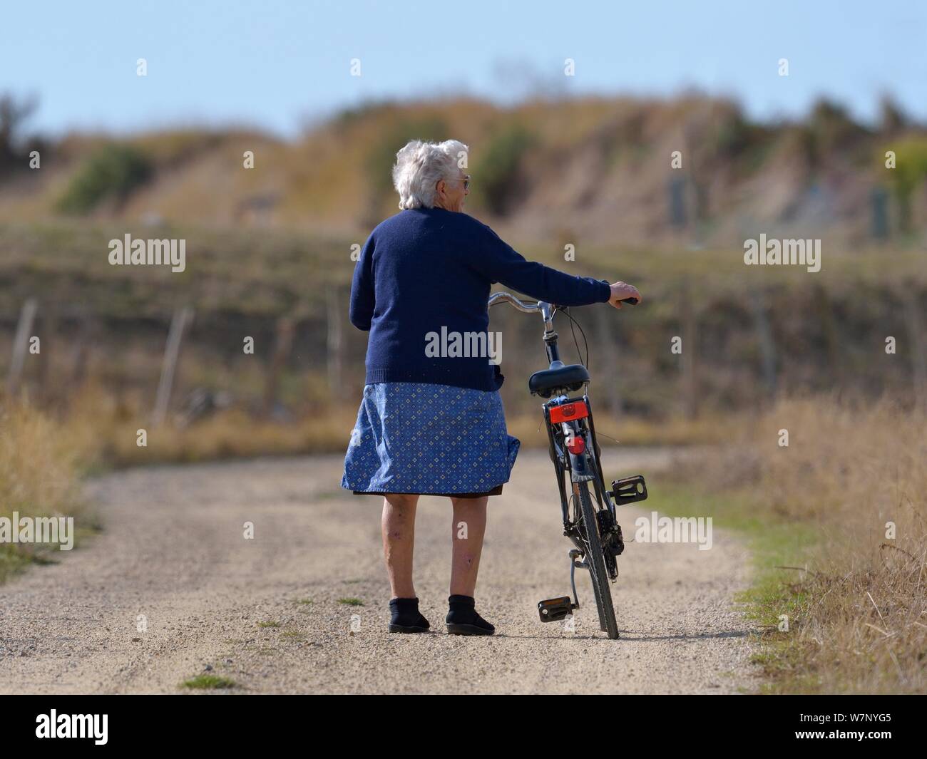 Femme poussant son vélo. Marais Breton, à l'ouest de la France, septembre 2012. Banque D'Images