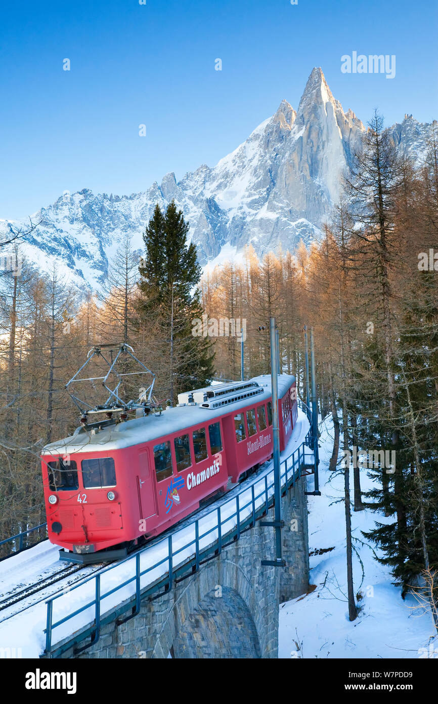 Train en direction de Chamonix à Mont Blanc, Alpes, Haute Savoie, Chamonix, France 2009 Banque D'Images