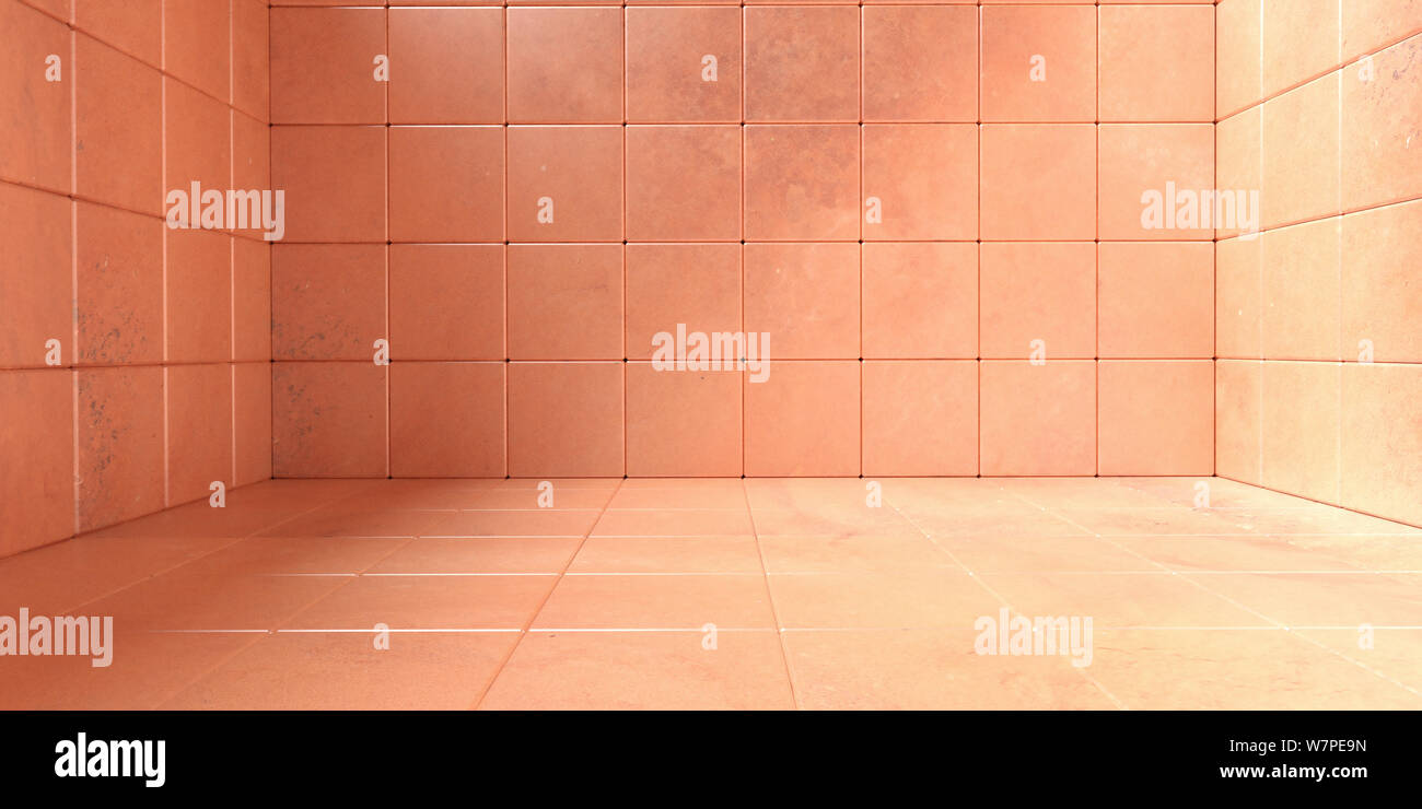 Salle vide, le sol et les murs en pierre, sol carrelé rose orange, couleur, texture de fond bannière. 3d illustration Banque D'Images