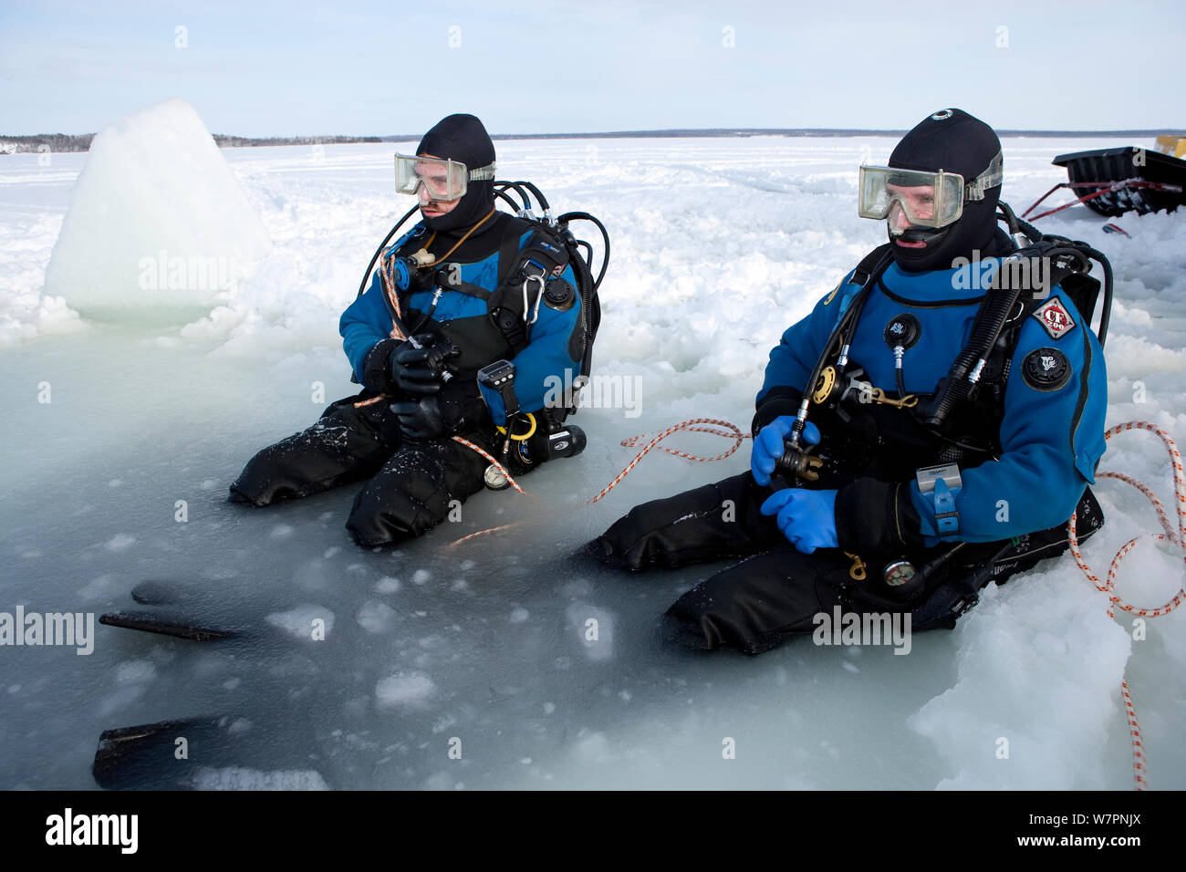 Deux plongeurs à l'entrée triangulaire scié maina (trou) avec glace fondue prêt à faire de la plongée sous les glaces du cercle arctique, centre de plongée, mer Blanche, la Carélie, dans le Nord de la Russie, Mars 2010 Banque D'Images