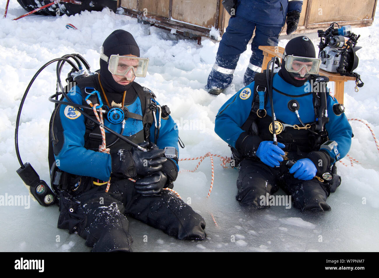 Deux plongeurs à l'entrée triangulaire scié maina (trou) avec glace fondue prêt à faire de la plongée sous les glaces du cercle arctique, centre de plongée, mer Blanche, la Carélie, dans le Nord de la Russie, Mars 2010 Banque D'Images