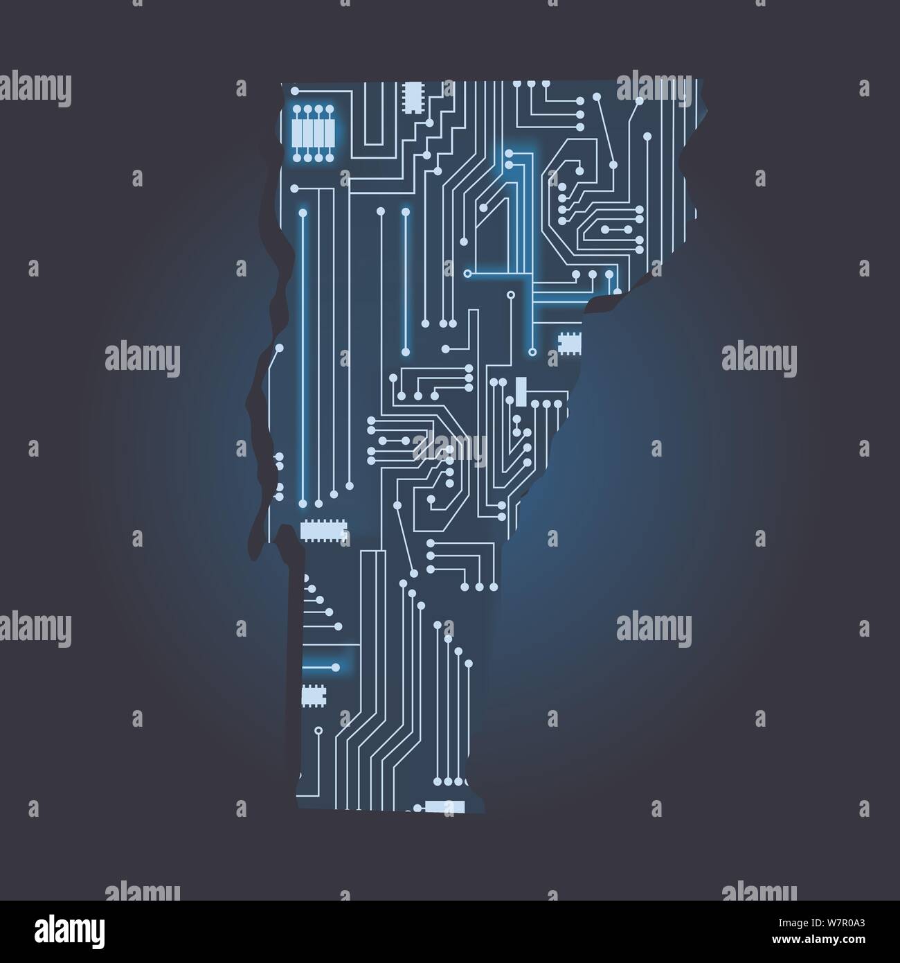 Carte d'isolignes du Vermont à un circuit électronique technologique. États-unis d'état. Fond bleu. Illustration de Vecteur