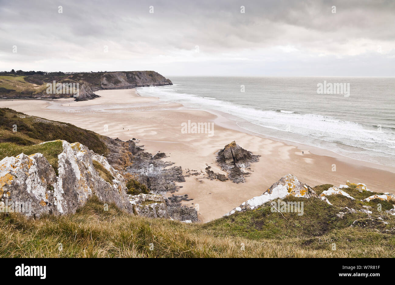 Avis de trois Rochers Baie du Tor, Gower, Swansea, Pays de Galles, janvier 2013. Banque D'Images