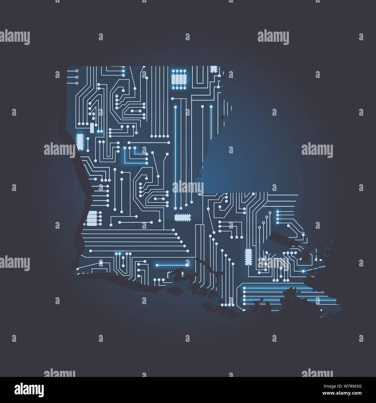 Carte de contour de la Louisiane avec un circuit électronique. États-unis d'état. Fond bleu. Illustration de Vecteur
