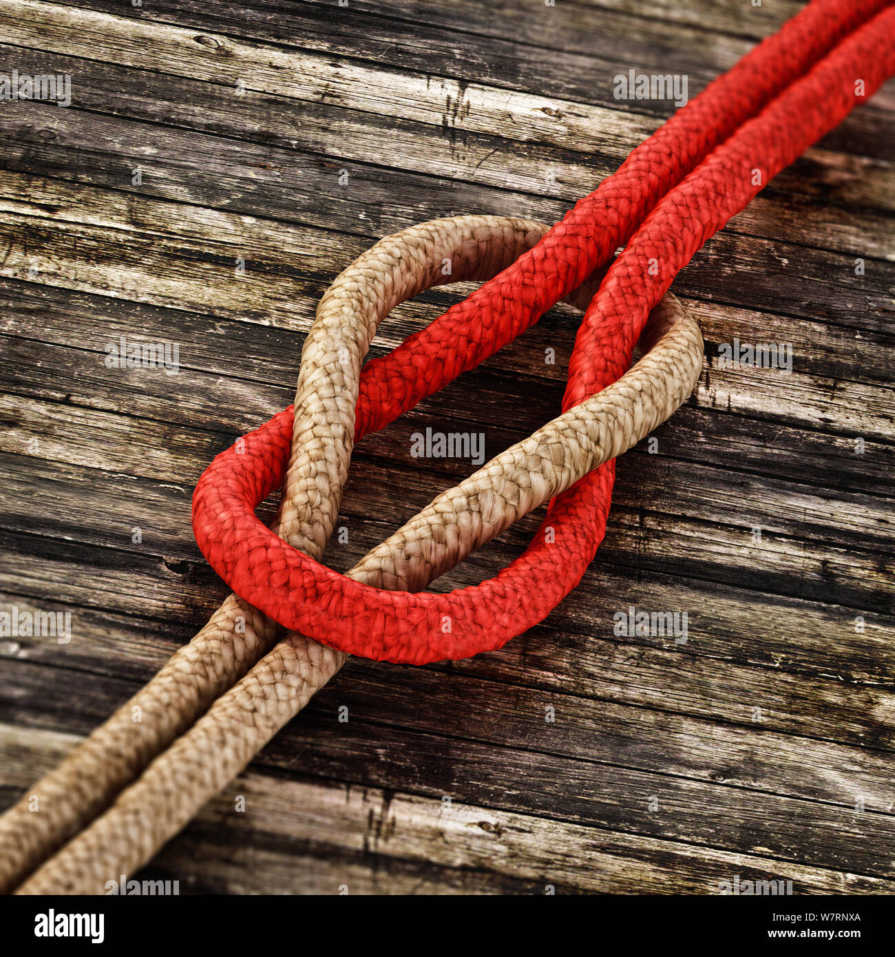 Cordes attachées debout sur fond de bois. 3D illustration. Banque D'Images