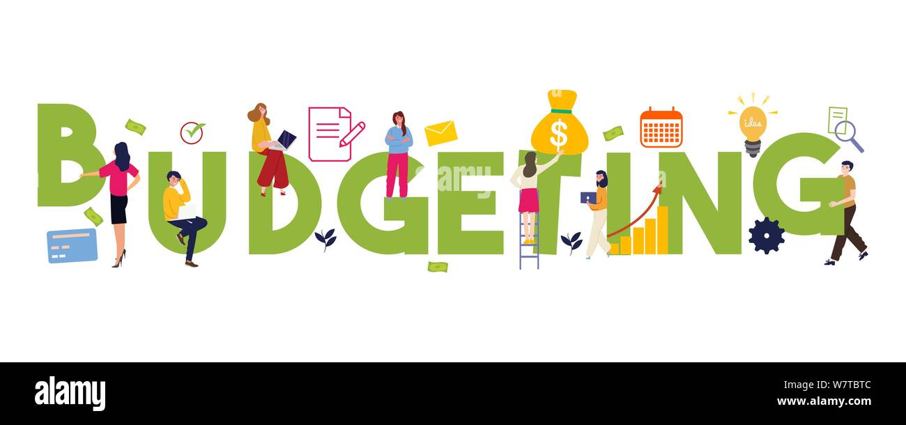 Mot de concepts de budgétisation du financement du budget et le financement. La planification financière. Typographie lettrage isolés idée avec icônes. Illustration de Vecteur