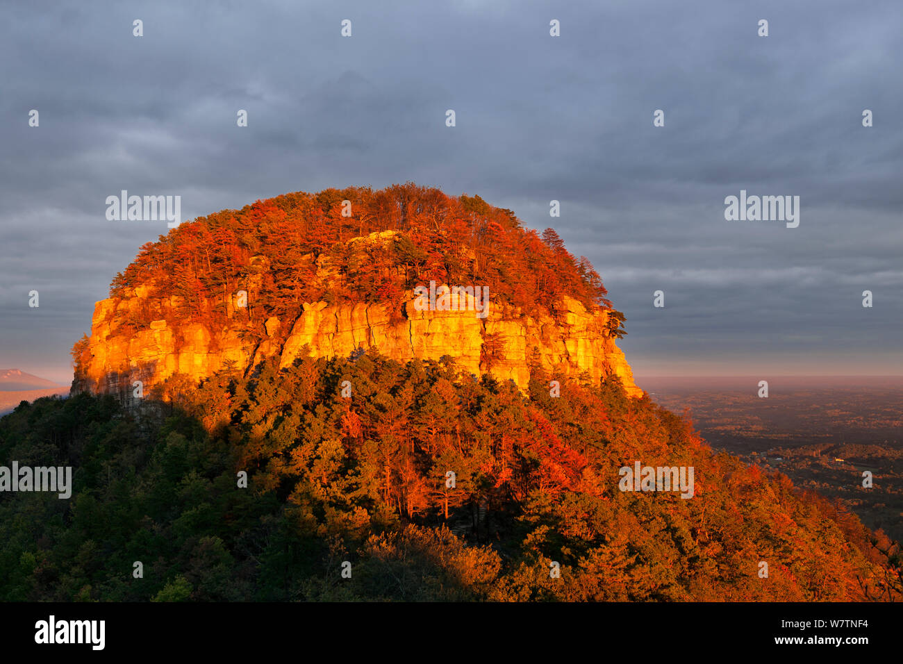 Coucher du soleil sur la montagne Pilote, Pilot Mountain State Park. North Carolina, USA, octobre 2013. Banque D'Images