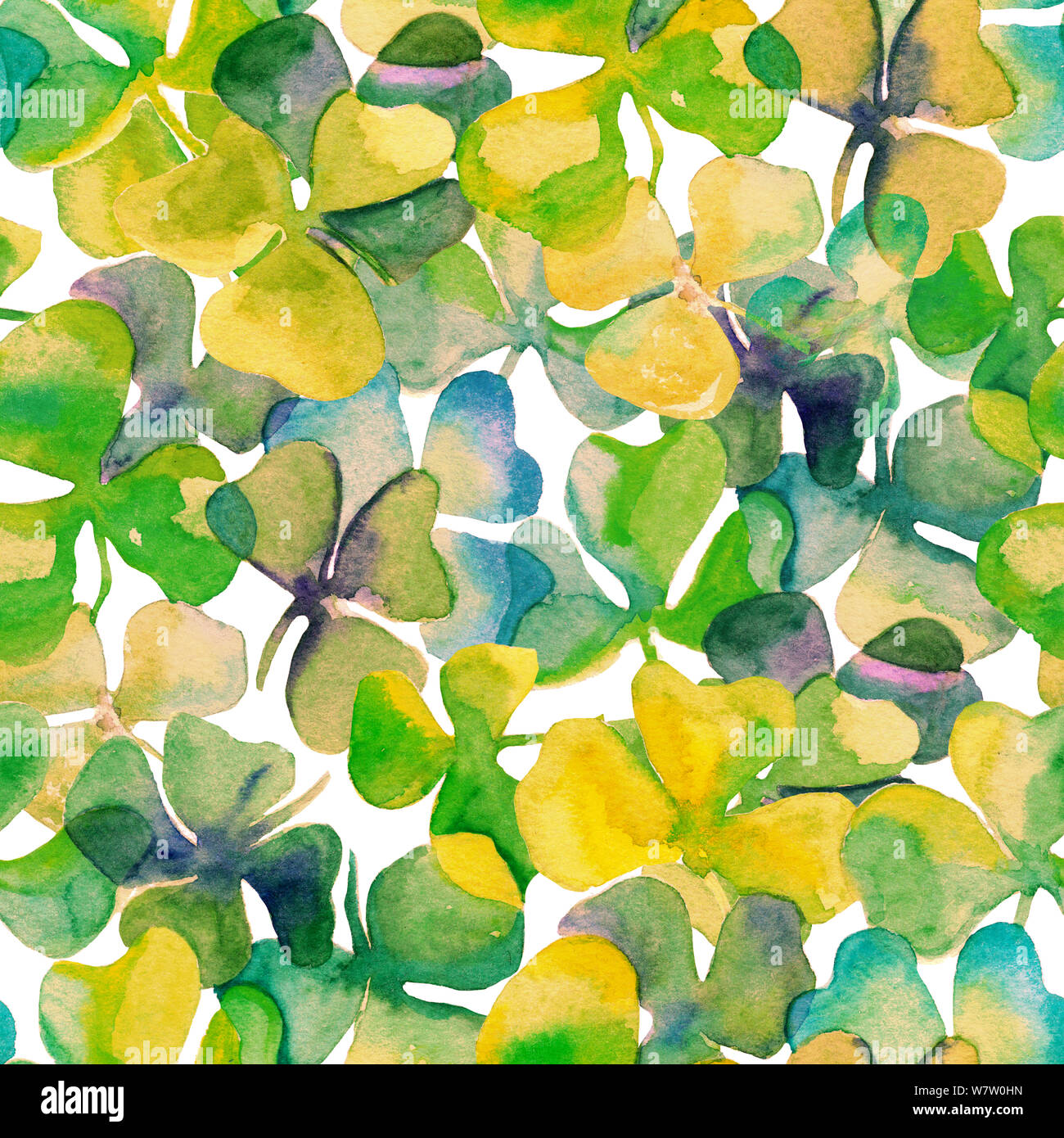 L'aquarelle à la main les feuilles de trèfle en modèle transparent sur fond blanc. Aquarelle vert et bleu couleurs. full frame. Concevoir pour les couvertures, papier peint Banque D'Images