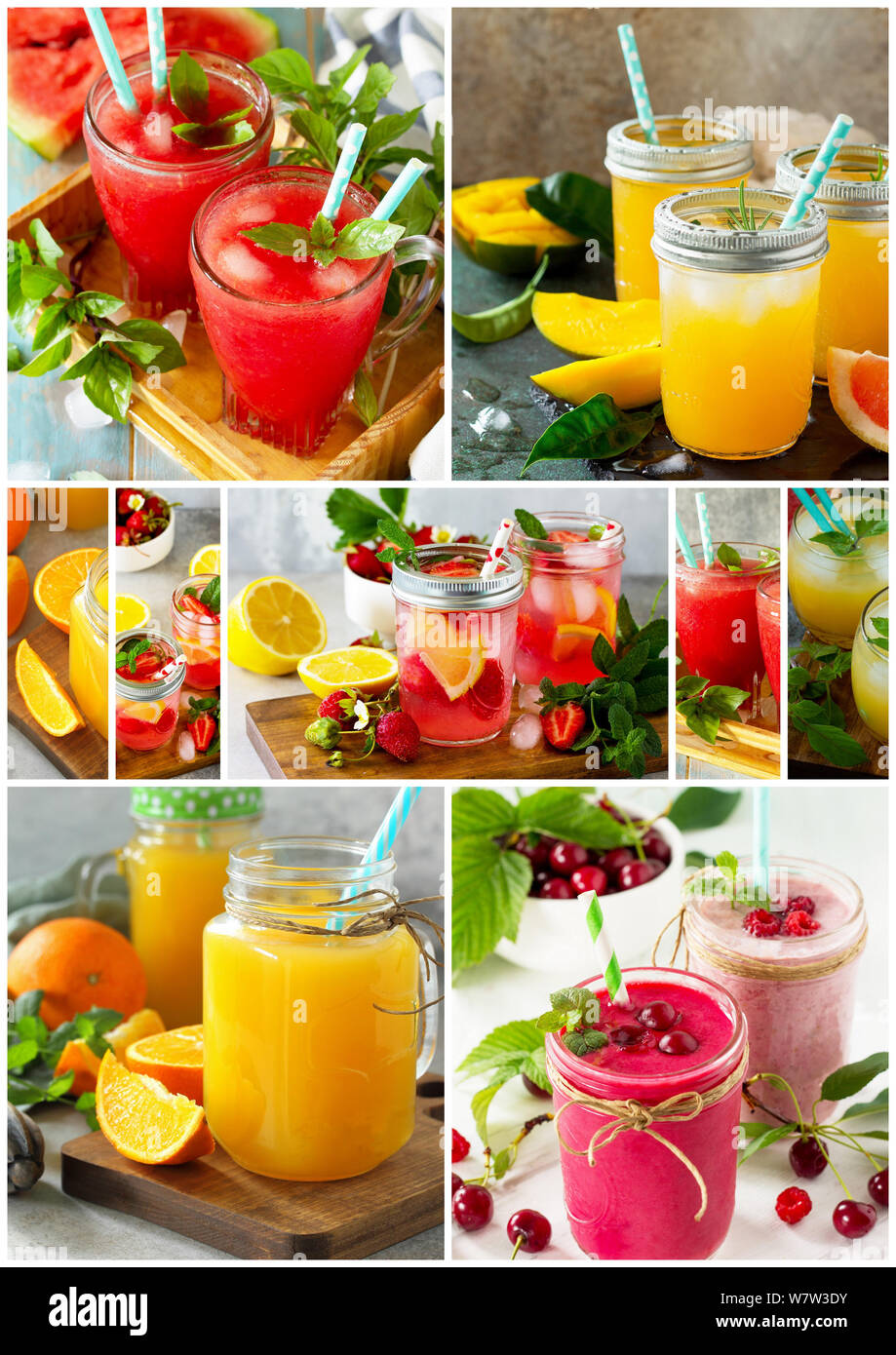 Collage d'arrière-plan des boissons. Un assortiment de boissons de jus et des smoothies sur une table en pierre. Banque D'Images